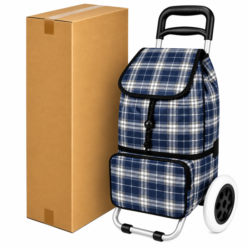 ST-02 Box Of 10 Blue Grey Check 2 Wheeler Trolley (New) (image for) ST-02 Box Of 10 Blue Grey Check 2 Wheeler Trolley (New)